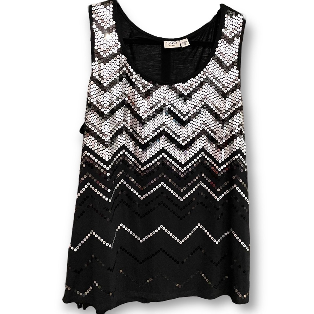 CHEVRON Silver, Gray, & Black Sequins on Black Sleeveless Tank Size 18/20W